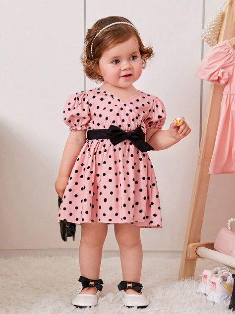 Multicolor  Collar Short Sleeve Woven Fabric Polka Dot A Line Embellished Non-Stretch  Baby Girls Clothing Dress Shorts Outfit, Girls Polka Dot Dress, Dot Print Dress, Baby Dress Design, Fashion Forecasting, Shirred Dress, Bow Belt