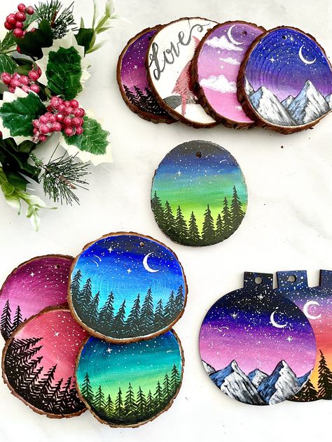 How To Paint Wood Slice Ornaments Acrylic Painting Ideas For Beginners, Learn Acrylic Painting, Easy Acrylic Painting Ideas, Wood Slice Ornaments, Night Lake, Art Mountains, Painting Ideas For Beginners, Acrylic Painting Ideas, Easy Acrylic Painting