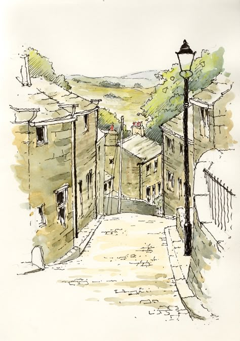 Heptonstall a small village within the Calderdale borough of West Yorkshire ~ sketch ~ John Edwards Small Village Drawing, England Sketch, Village Sketch, Pencil Drawings Of Love, Fall Background Wallpaper, Village Drawing, Draw Hair, City Sketch, John Edwards