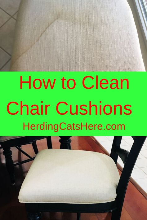 I was tired of having to clean my dining room cushions - every time my grandkids came over. Check out my solution! Clean Dining Room Chairs, Cleaning Fabric Chairs, Homemade Upholstery Cleaner, Clean Dining Room, Steelcase Chair, Fabric Kitchen Chairs, Bar Stool Cushions, Fabric Dining Room Chairs, Dining Room Chair Cushions