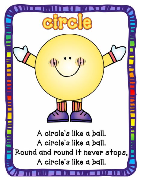 A circle’s like a ball. A circle’s like a ball. Round and round it never stops, A circle’s like a ball. Shape Poems, Shape Songs, Shapes Lessons, Classroom Songs, Songs For Toddlers, Teaching Shapes, School Songs, Shapes Preschool, Preschool Music