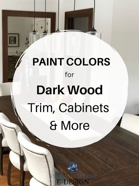 What Paint Color Goes With Medium to Dark Wood (trim or cabinets) - Kylie M Interiors Brown Trim Paint Colors, Kitchen Paint With Dark Wood Cabinets, Dark Wood Trim Bathroom, Paint Color For Dark Furniture, Paint Colors That Go With Dark Walnut Stain, Dark Stain Trim, Wall Colors With Dark Wood Trim, Grey Walls With Wood Trim, Best Paint Colors With Dark Wood Trim