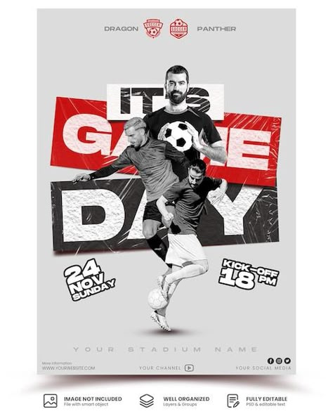 Soccer Match Poster, Sport Day Poster, Soccer Poster Ideas, Match Day Football Design, Soccer Poster Design, Soccer Branding, Sport Design Poster, Game Day Posters, Football Design Poster