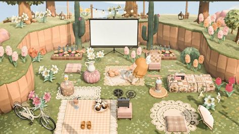 Animal Crossing Bakery Ideas Outdoor, Acnh Neighborhood Designs Cottagecore, Animal Crossing Theater, Acnh Honey Stall Ideas, Acnh Projector Screen Ideas, Cozy Animal Crossing Island, Acnh Outdoor Movie Theater, Movie Theater Backyard, Stardew Animals