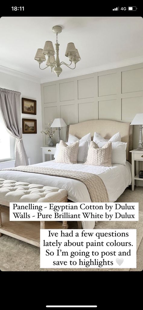 Overtly Olive Panelling, Bedroom Panelling Neutral, Bedroom Ideas Master Color Schemes Cream, Cream Wall Panelling Bedroom, Olive Bedroom Panelling, Sage Green Paneling, Sage Panelling Bedroom, Taupe And Cream Bedroom, Master Bedrooms Colour Schemes 2023