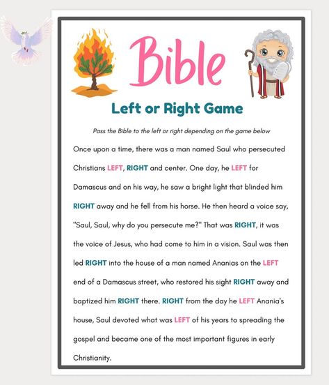 Bible Games, Left or Right Bible Game, Womens Ministry Games, Bible Games Printable, Bible Games for Kids, Bible Games for Adults - Etsy Kids Bible Games, Womens Ministry Games, Bible Games For Kids, Sunday School Games, Church Games, Bible Games, Sunday School Activities, Church Activities, Games Printable