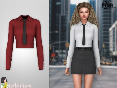 The Sims Resource - Evangeline Shirt Female Tie, Sims Outfits, Feminine Clothes, Eden Dress, Shirt And Tie, Sims 4 Dresses, Sims 4 Toddler, Sims4 Cc, Plaid Tie