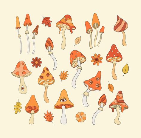 Boho Drawing, Groovy Room, Fall Clip Art, Mushroom Paint, Boho Elements, Mushroom Drawing, Autumn Illustration, Flat Vector Illustration, Vintage Autumn