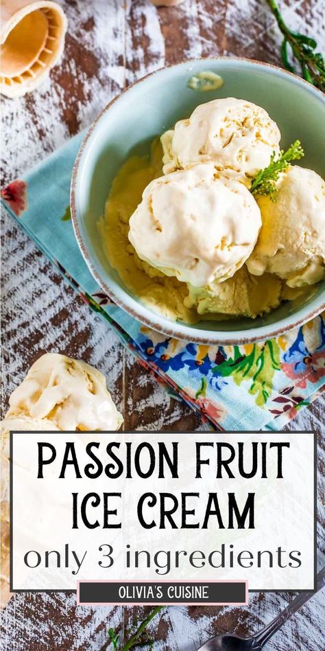 Can you believe this Passion Fruit Ice Cream is made with only 3 ingredients?! It has such a bright, sweet and tart flavor. Perfectly chilled, it's everything you need to cool down on a summer day! Passionfruit Ice Cream Recipe, Passion Fruit Ice Cream, Fruit Mousse, Guava Recipes, Passion Fruit Mousse, Ninja Ice Cream Recipe, Passionfruit Recipes, Brazilian Desserts, Sunny Summer Day