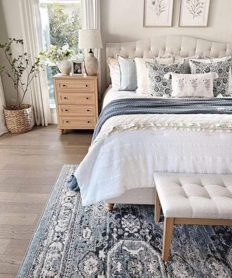 Blue Bedding Room Ideas, Light Blue Master Bed, Blue Themed House, Blue Comforter Bedroom Ideas, Blue Comforter Bedroom, Light Blue Bedroom Ideas, Ship Bedroom, Farmhouse Chic Bedroom, Barn Bedroom