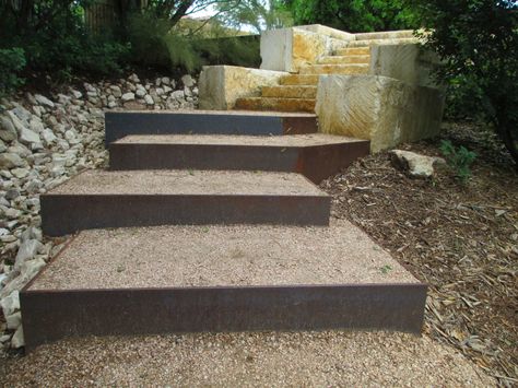 Recycled Garden Edging, Corten Steel Garden, Stairs Outdoor, Metal Garden Edging, Steel Garden Edging, Landscape Stairs, Steel Edging, Australian Native Garden, Garden Stairs