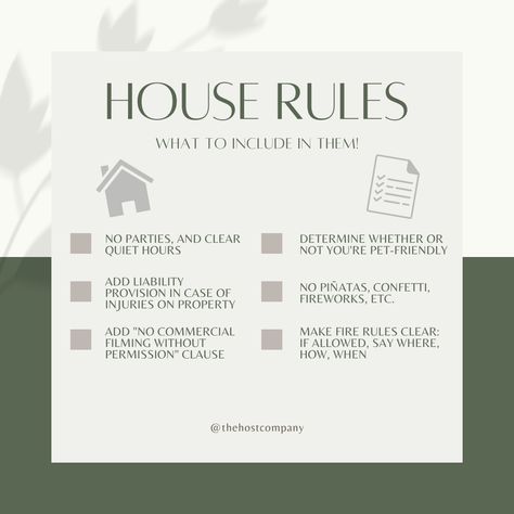 House rules. Tricky to write. To be strict, or not to be strict? Pets, or no pets? We recommend be clear with no parties, protect yourself against liabilities and people using your listing for their photo or video shoots without your permission, clarity on pets, avoiding explosive things, and clear fire rules. What else would you add? #airbnbhost #superhostairbnb #newhost #airbnbnews #houserules #newpost #vrbo #vrbohost #airbnb Condo House Rules, Glamping Airbnb, Homestay Ideas, Staycation Quotes, Beach Rental Property, Airbnb Checklist, Airbnb House Rules, Airbnb Signs, Airbnb Tips