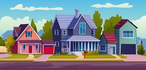 Cartoon Houses Illustration, House Cartoon Illustrations, House Cartoon Drawing, Cartoon House Background, House Design Illustration, Cartoon Village, Cartoon Houses, Suburban Houses, Cartoon Street