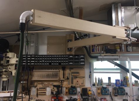 Workshop Boom Arm, Boom Arm Workshop, Dust Collection Boom Arm, Garage Woodshop, Shop Dust Collection, Fume Extractor, Garage Organisation, Garage Renovation, Boom Arm