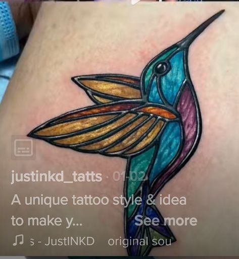 Stained Glass Hummingbird Tattoo Cross Stitch Hummingbird Tattoo, Turquoise-browed Motmot Tattoo, Stained Glass Hummingbird Tattoo, Stained Glass Tattoo Ideas, Hummingbird Tattoo Black, Stained Glass Hummingbird, Stained Glass Tattoo, Glass Tattoo, Glass Hummingbird