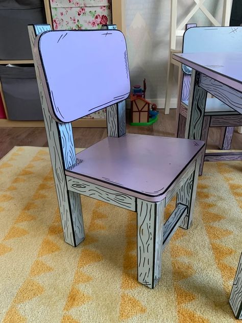 Cartoon Furniture Design, Paint Palette Table, Wooden Chair Upcycle, Cartoon Painted Furniture, Funky Painted Table, Comic Furniture, Diy Maximalist, Pop Furniture, Cartoon Furniture