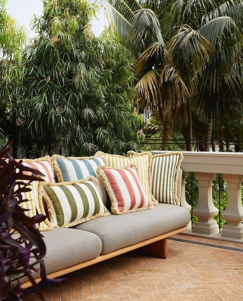 Garden Cushion Ideas, Mediterranean Alfresco, Lucy Montgomery, Aesthetic Easter, Striped Sofa, General Ideas, Outdoor Entertaining Spaces, Garden Idea, Garden Cushions