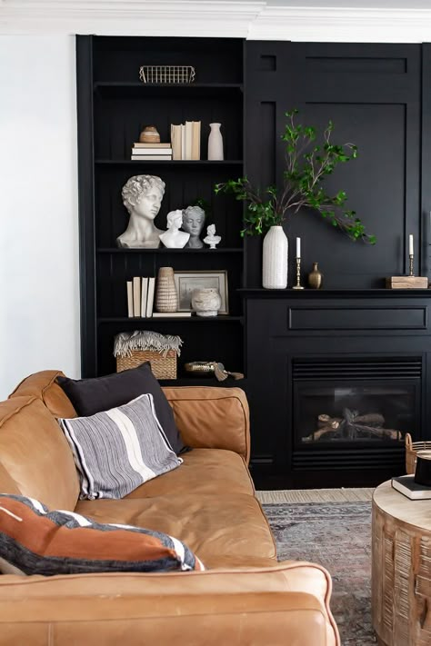 Black Bedroom Built Ins, Black Bookshelves Around Fireplace, Tricorn Black Built In, Dark Grey Built In Bookcase, Black Built In Tv Wall Unit, Built In Shelf Wallpaper, Black Living Room Shelves, Black Wall Built Ins, Black Bookshelves Living Room