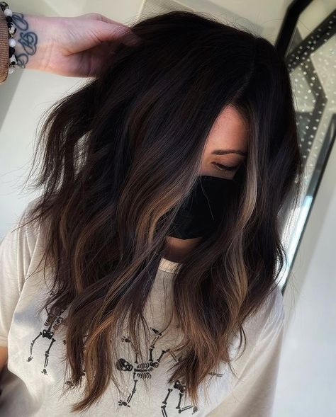 Dark Hair Color Ideas For Long Hair, Dark Hair Partial Balayage, Long Bob Updo Hairstyles, Dark Hair With Halo Money Piece, Dark Hair Small Money Piece, Subtle Face Framing Highlights Black Hair, Dark Brown Hair With Money Piece Lob, Under Lights Hair Brunettes, Mid Length Haircuts Thick Hair