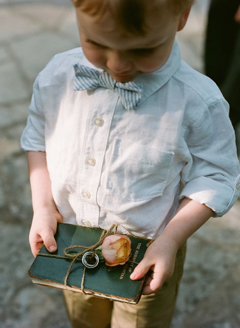 Ring Bearer No Ring Bearer Ideas, Ring Boy Pillow, Pillow For Wedding Ring, Boho Wedding Ring Bearer Outfit, Ring Bearer Bible, Cottagecore Ring Bearer, Bible Ring Bearer, Ring Bearer Carrying Ideas, Ring Bearer Ideas Unique