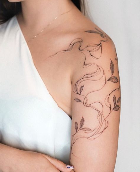 Earthy Half Sleeve Tattoo, Abstract Vine Tattoo, Flowy Arm Tattoo, Flowy Shoulder Tattoo, Woman’s Shoulder Tattoos, Squiggle Line Tattoo, Simple Arm Sleeve, Flowy Botanical Tattoo, Face Floral Tattoo