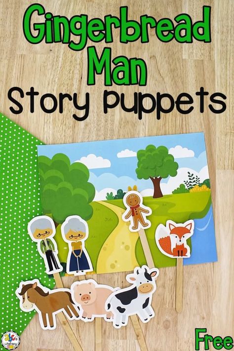 Your kids will use these free printable Gingerbread Man Stick Puppets to retell the sequence of events in the classic book. Gingerbread Man Puppets Free Printable, The Gingerbread Man Story Free Printable, Gingerbread Activities Preschool, Free Printable Gingerbread Man, Story Puppets, Gingerbread Man Preschool, Gingerbread Man Book, Gingerbread Man Free, Gingerbread Story