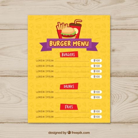 Yellow menu template | Premium Vector #Freepik #vector #food #menu #design #template Lorem Ipsum Design, Burger Menu, Menu Design Template, Food Menu Design, Vector Food, Graphic Editing, Menu Template, Menu Cards, Corporate Design