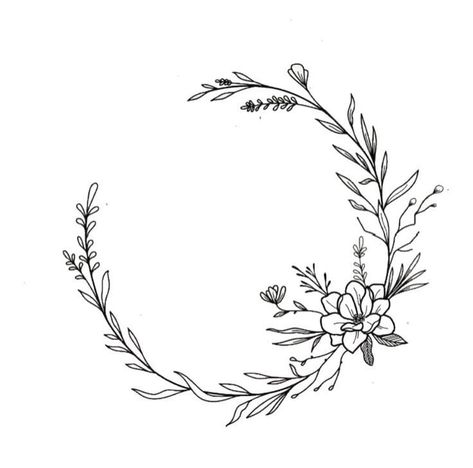 Wreath Tattoo Women, Floral Wreath Tattoo Design, Wild Flower Wreath Drawing, Circle Fine Line Tattoo, Circle Of Flowers Tattoo, Circular Floral Design, Rose Wreath Drawing, Leaf Wreath Drawing, Curved Flower Tattoo