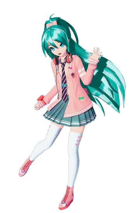 Ribbon Girl (リボンガール, Ribon Gāru?) is a Module for Hatsune Miku. It was one of the winning Modules in Part A of SEGA and piapro's collaboration contest for Project DIVA F. The Module's attire consists of a pink hoodie sweater with plaid insides featuring multicolored stripes, white double stripes on the sleeves and cuffs, an emblem on the left side of the sweater, various small ribbons attached to the sweater, a dark pink bow tied on the right cuff, and a pink bow on the back. There is also a ... Different Miku Designs, Hatsune Miku Modules, Gyaru Miku, Miku Design, Hatsune Miku Costume, Miku Outfits, Hatsune Miku Outfits, Cosplay Poses, Pink Headphones