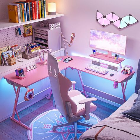 Perfect set up for gaming! Pink Gaming Desk, L Shaped Gaming Desk, Desk With Led Lights, Desk With Monitor Stand, Desk With Monitor, Gamer Desk, Desk Corner, Gaming Desk Setup, Video Game Room Design