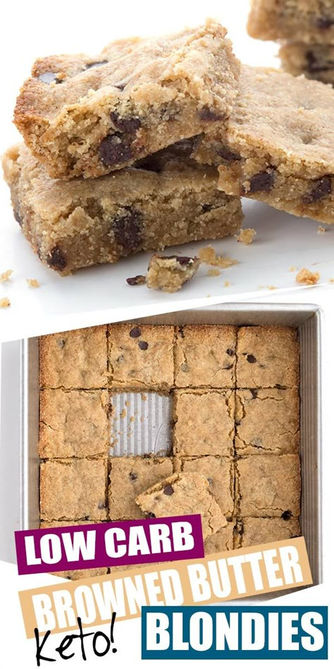 Low Carb Blondies Recipe, Brown Butter Keto Cookies, Low Carb Blondies, Low Carb Chocolate Chip Cookie Bars, Keto Brown Butter Chocolate Chip Cookies, Keto Blondies Recipe, Keto Bar Cookies, Keto Blondies, Best Blondies