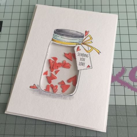 Shaker Cards Tutorial, Mason Jar Cards, Jar Of Hearts, Hearts Card, Love Jar, Diy Valentines Cards, Volunteer Gifts, Valentine Cards Handmade, Creative Scrapbook