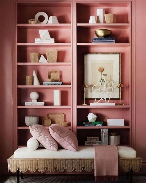 Pink bookshelf #interiordesign #homedecor #pink Kips Bay Showhouse, Pink Painted Walls, Suzanne Kasler, Show House, Built In Bookcase, Pink Room, Shelf Styling, Architectural Digest, Built Ins