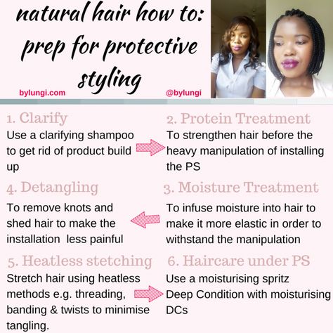 how to prep natural hair for protective styling. #clarify #protectivestyle #naturalhair #4chair #africanhair #braids #weaves #wigs #proteintreatment #detangling #moisturetreatment #heatlessstretching #threading #banding #twists Prepping Hair For Braids, Hairstyle Suggestions, Hair For Braids, Grow Long Healthy Hair, Style Braids, Natural Hair Care Tips, Healthy Hair Care, Types Of Braids, Healthy Hair Tips