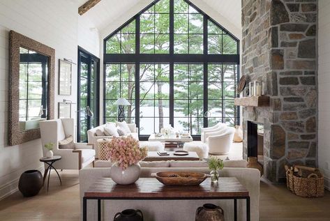 Dreamy rustic-modern lake house with sweeping vistas of Lake Joseph Rustic Modern Farmhouse Living Room, Lake House Living Room Decor, Pony Walls, Howard Roark, Trim Windows, Resort Decor, Lake House Living Room, Modern Farmhouse Living Room Decor, Farmhouse Living Room Decor Ideas