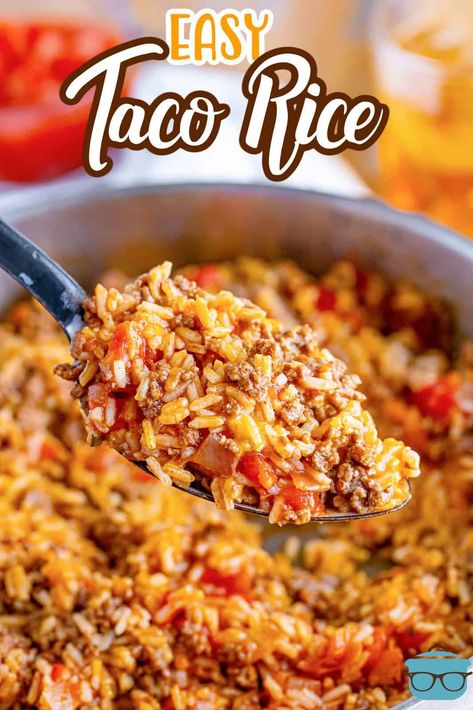 This easy, one pan Taco Rice recipe is a whole meal in one. Ground beef, taco seasonings, salsa, rice and cheese. A family favorite meal! Taco And Rice Bowl, Mexican Rice With Hamburger Meat, What To Make With Taco Seasoning, Ground Beef And Spanish Rice Recipes, Easy Taco Rice Casserole, Ground Beef Mexican Rice, Hamburger Rice And Beans Recipes, Taco Rice With Minute Rice, One Pan Taco Rice