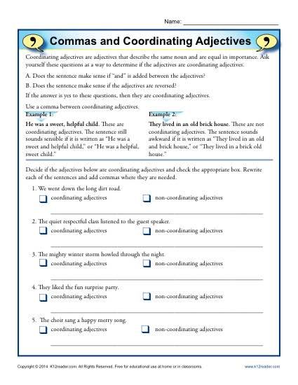 Commas and Coordinating Adjectives - Free, Printable Worksheet Activities When To Use Commas, Coordinate Adjectives, Adjectives Worksheet, Teaching Adjectives, Conjunctions Worksheet, Punctuation Worksheets, Adjective Worksheet, Sentence Building, Writing Prompts For Kids