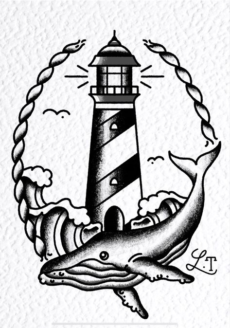 Lighthouse Tattoo Flash, Lighthouse Flash Tattoo, Traditional Lighthouse Tattoo Flash, Trad Lighthouse Tattoo, Old School Whale Tattoo, Traditional Lighthouse Tattoo Black, Old School Tattoo Lighthouse, Old School Sea Tattoo, Liberona Tattoo