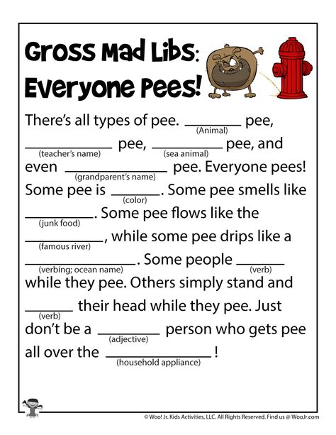 Gross Printable Mad Libs for Kids | Woo! Jr. Kids Activities Dirty Riddles, Mad Libs For Kids, Mad Libs For Adults, Kids Mad Libs, Mad Lips, Funny Mad Libs, Summer Homework, Charge Nurse, Inside Games