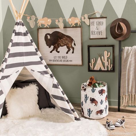 This wild and free space is sure to bring out the adventurer in your little one! Link in bio. #HobbyLobbyStyle Buffalo Nursery, Cute Buffalo, Hunter Room, Baby Room Neutral, Toddler Boys Room, Baby Boy Room Nursery, Diy Bebe, Nursery Baby Room, Boys Bedroom Decor