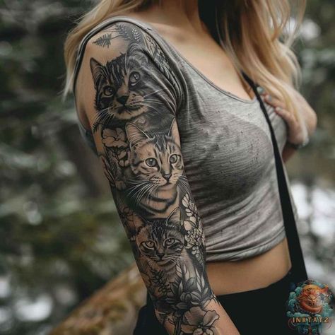 Cat Sleeve Tattoos For Women, Pet Portrait Tattoo Ideas, Animal Arm Tattoos For Women, Pet Tattoo Sleeve, Pet Sleeve Tattoo, Black Cat Tattoos For Women, Animal Sleeve Tattoo For Women, Dog Sleeve Tattoo, Cat Sleeve Tattoo