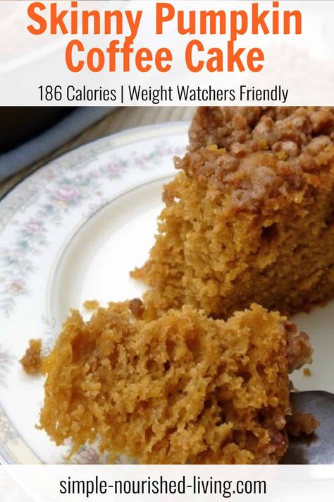 Low Fat Pumpkin Streusel Coffee Cake, Light and Delicious, and just 186 calories and 7 Weight Watchers SmartPoints Pumpkin Coffee Cake With Streusel, Pumpkin Streusel Coffee Cake, Pumpkin Pecan Coffee Cake, Ww 2023, Low Calorie Pumpkin, Weight Watchers Pumpkin, Pumpkin Streusel, Ww Freestyle Recipes, Pumpkin Coffee Cake