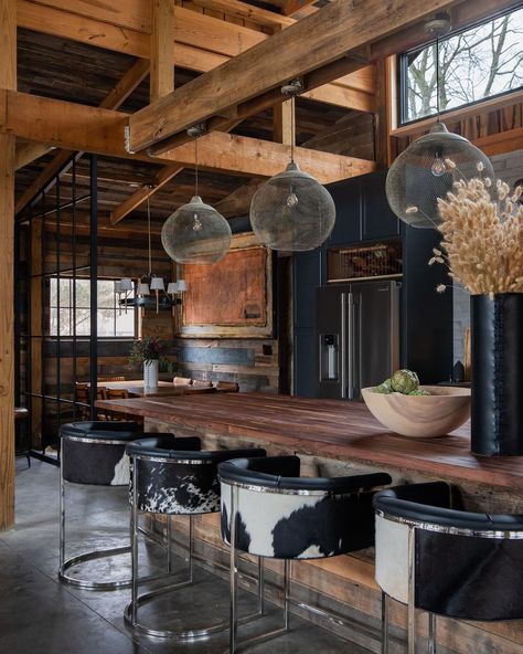 The Real Kelly Ladwig - Nashville Realtor 🏠 (@homeonanashvillehill) • Instagram photos and videos Cowhide Bar Stools, Metal Buildings With Living Quarters, Kitchen Design Rustic, Rustic Barn Decor, Barn With Living Quarters, Barndominium Interior, Barn Party, Industrial Style Interior, Log Cabin Designs