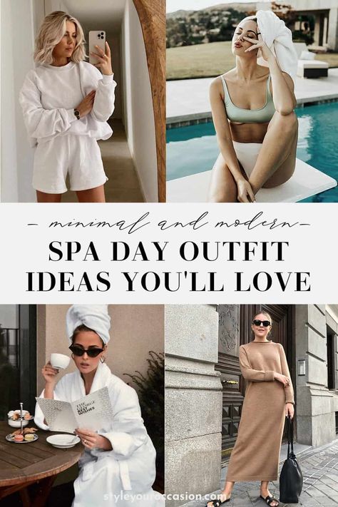 Looking for the perfect spa day outfit? Get the best outfit ideas for spring, summer, fall, and winter spa days and learn exactly what to wear to the spa for all kinds of spa treatments. The spa aesthetic is easy to achieve with these effortless looks. Spa Day Outfit, Day Trip Outfit, Thermal Outfit, Winter Spa, Summer Weekend Outfit, Spa Wear, Weekend Getaway Outfits, Spa Aesthetic, Spa Outfit