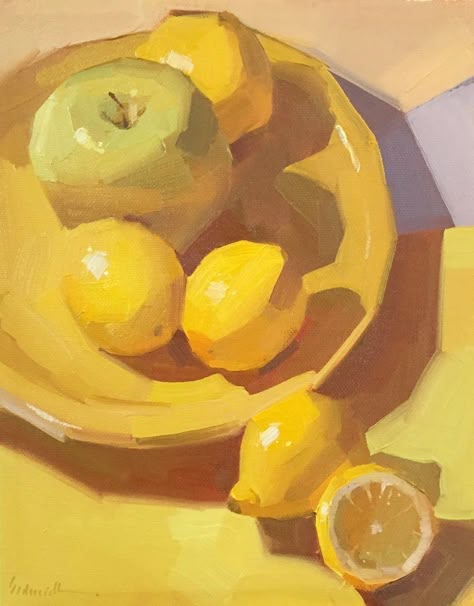 Oil Painting Artists, Analogous Painting, Lemons Still Life Painting, Acrilic Paintings Lemon, Realistic Lemon Painting, Monochromatic Painting, Still Life Lemons Oil Paintings, Grapes Oil Painting Still Life, Monochromatic Art