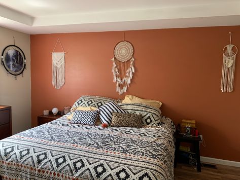 Tan Bedroom Wall Ideas, Southwestern Themed Bedroom, Desert Theme Bathroom Ideas, Cavern Clay Accent Wall, Native American Themed Bedroom, Southwestern Accent Wall, Earth Tone Accent Walls, Desert Themed Bathroom, Coral Accent Wall Bedroom