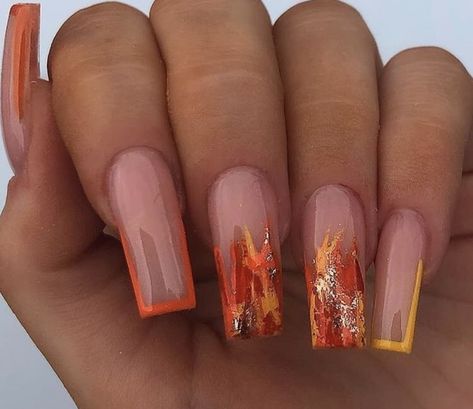 Autumn Nails Acrylic Short Square, Medium Length Fall Nails, November Nails Fall Short Square, November Nail Ideas Short, November Nail Designs, Orange Nail Designs, Fall Acrylic, August Nails, Nail Business