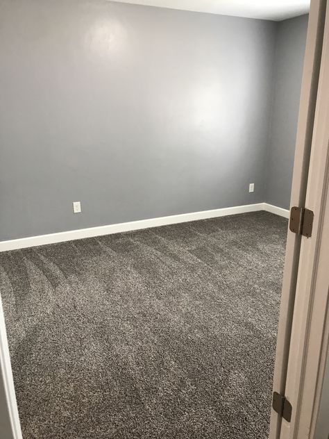 Room Ideas With Grey Carpet, Gray Carpet Nursery, Dark Gray Carpet Living Room Ideas, Basement Carpet And Paint Combinations, Gray Walls Gray Carpet, Gray Walls Carpet Color, Gray Walls With Carpet, Paint With Gray Carpet, Dark Carpet Basement