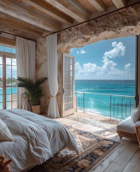 Vacation Room Aesthetic, Holiday House Bedroom, Ocean Homes, Bedroom With A View, Ocean View House, Bethany Aesthetic, Ocean Bungalow, Bedroom With View, Seaside Appartement