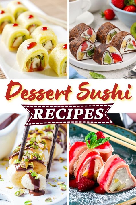 Sweet, fun, and colorful, these dessert sushi recipes are ideal for dinner parties. From sticky rice to chewy Rice Krispies, they're too good not to share. Sweet Sushi Desserts, Sushi For Kids, Sweet Sushi, Banana Sushi, Dessert Sushi, Sushi Roll Recipes, Deserts Easy, Sushi Party, And So It Begins